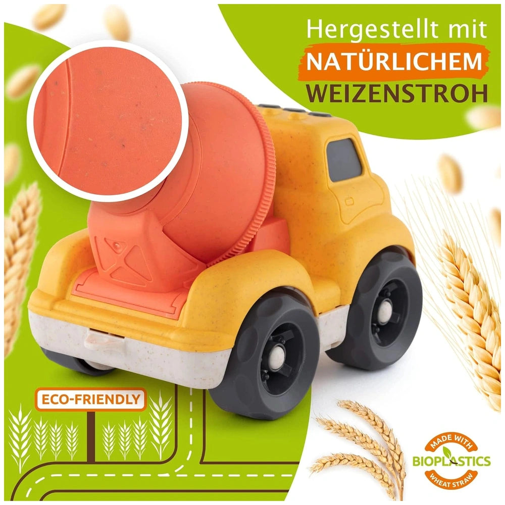 Sustainable toy truck with a bright orange top, pale yellow body, and black wheels, set on a green road-like surface.
