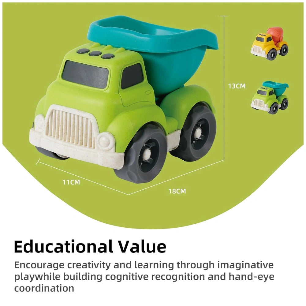 EcoMetropoli sustainable wheat straw toy truck in green with a blue bucket, set on a solid green surface with smaller trucks 