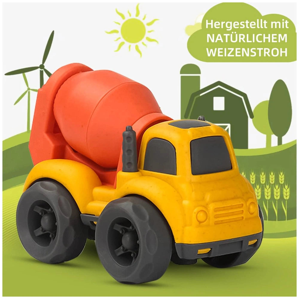 EcoMetropoli sustainable toy construction vehicle in vibrant orange and yellow, set against a rural landscape with crops and 