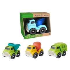 EcoMetropoli toy set features three colorful dump trucks in blue, yellow, and green, displayed in an open box on a flat surfa
