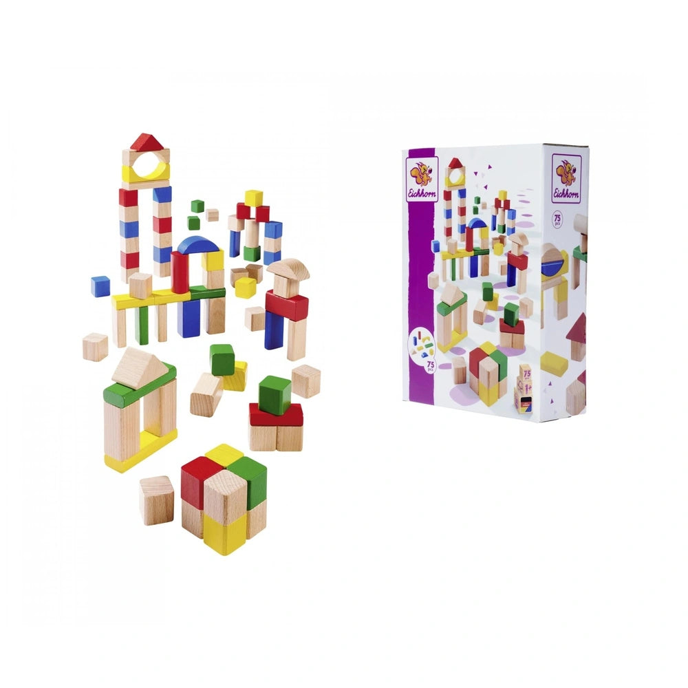 Eichhorn Baby Wooden Coloured Blocks 75 pcs in a glossy package with colorful blocks visible through a clear plastic window.