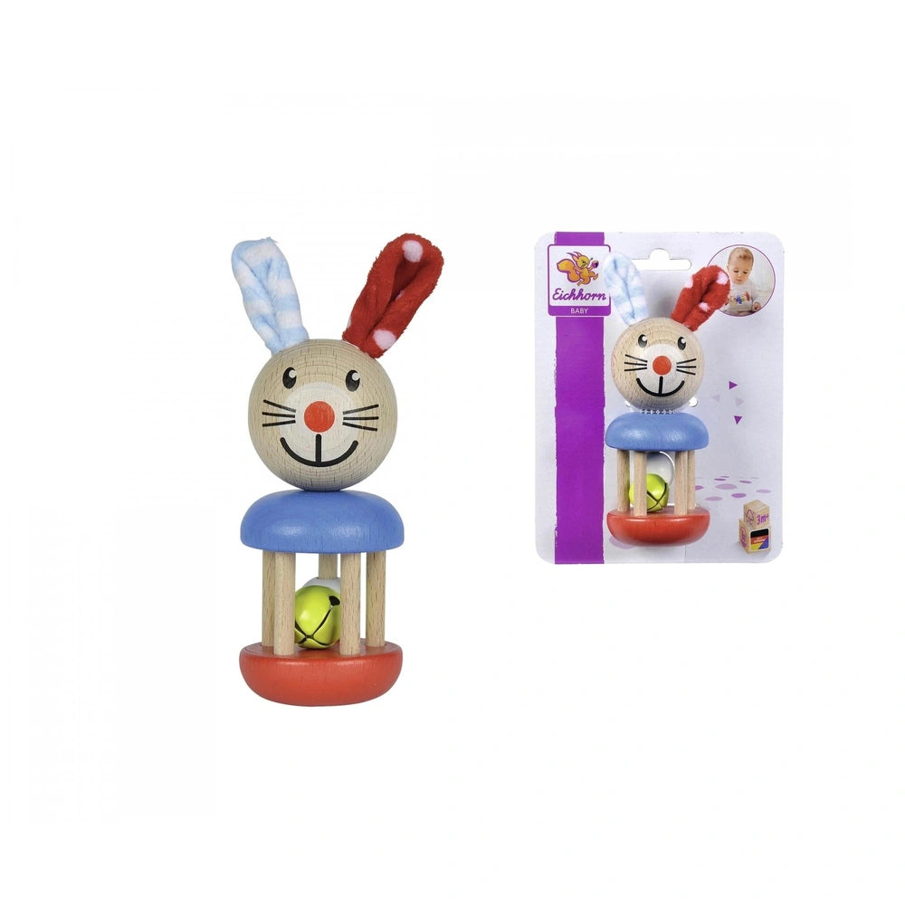 Eichhorn baby wooden rattle rabbit features a white face, colorful seats with balls, and soft plush material.