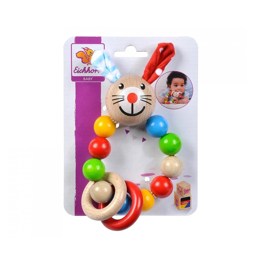 Eichhorn baby wooden teething ring shaped like a smiling rabbit, featuring colorful balls and a cheerful design for infants.