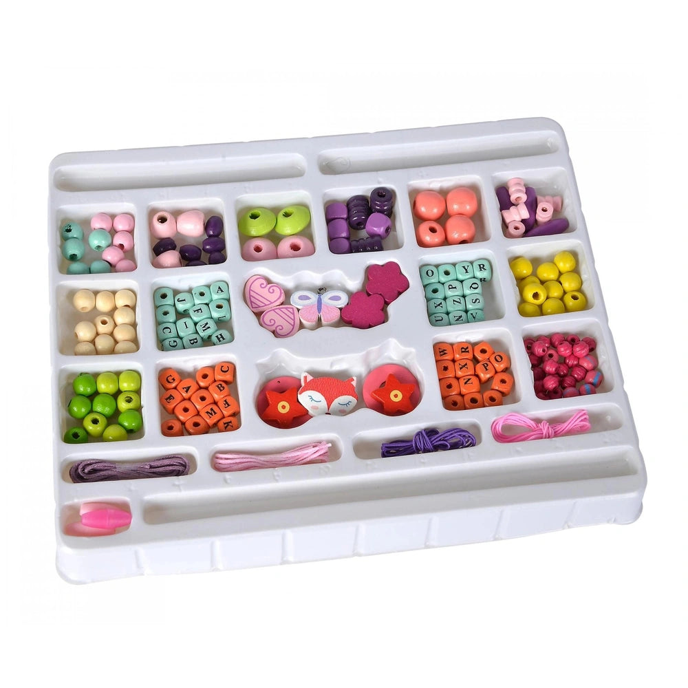 Eichhorn bead set featuring 190 colorful plastic, glass, and metal beads in a white compartment tray for arts and crafts.