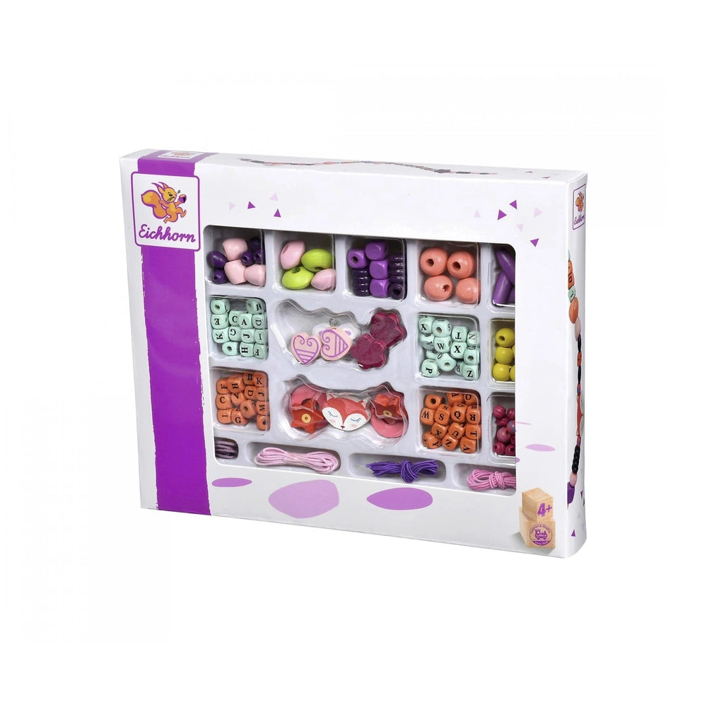 Eichhorn Bead Set Letters with colorful alphabet blocks in white packaging featuring a clear window and purple border, age 4+