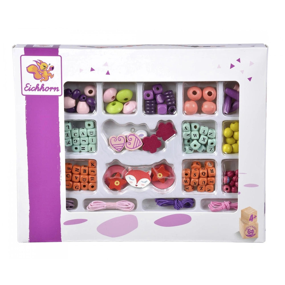 Eichhorn Bead Set Letters with 190 colorful crafting pieces in a cardboard packaging featuring a clear plastic window.