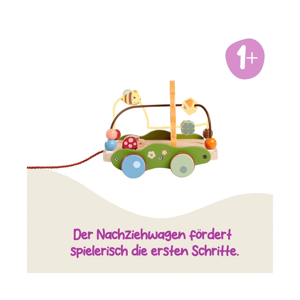 Bee Happy Pullalong Wagon features a cheerful green and yellow car with a smiling face, connected by a red string for pulling