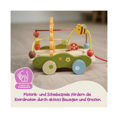 Bee Happy Pullalong Wagon features a cheerful yellow bee train on wooden tracks, surrounded by colorful toy components.