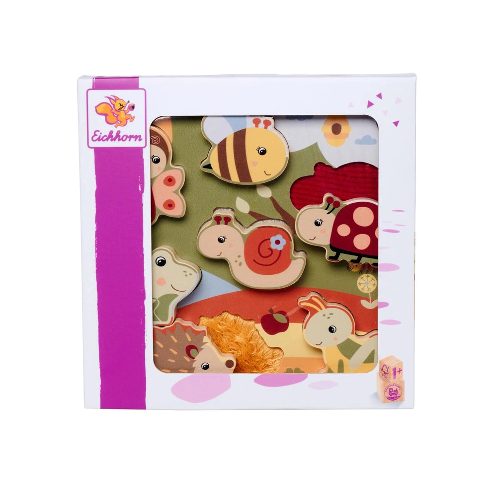 Eichhorn Bee-Happy Sensory Puzzle features vibrant animal illustrations and playful designs, appealing to young children.
