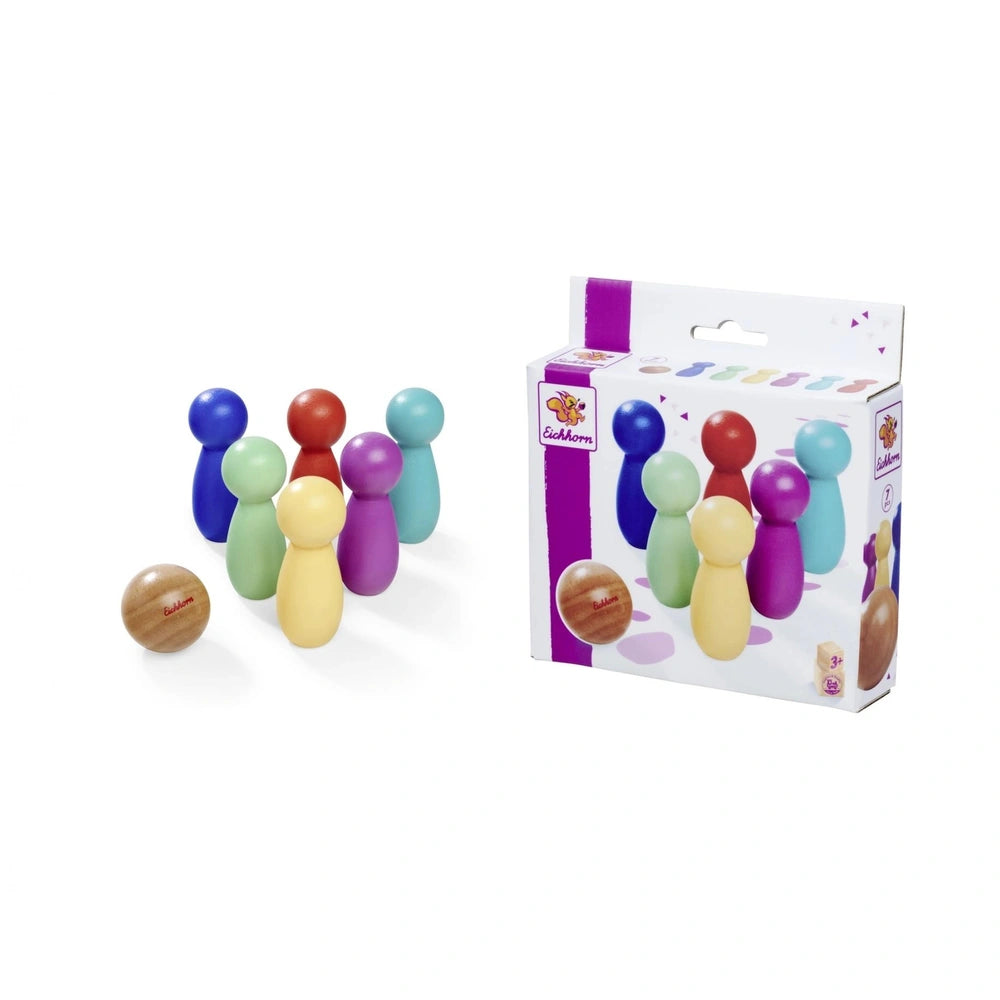 Eichhorn bowling game features colorful plastic pins and a brown ball, showcased alongside a vibrant boxed product.