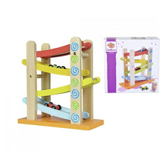 Eichhorn Color Motor-Racing Circuit is a colorful wooden toy featuring stacking pegs and playful swirl designs for children.