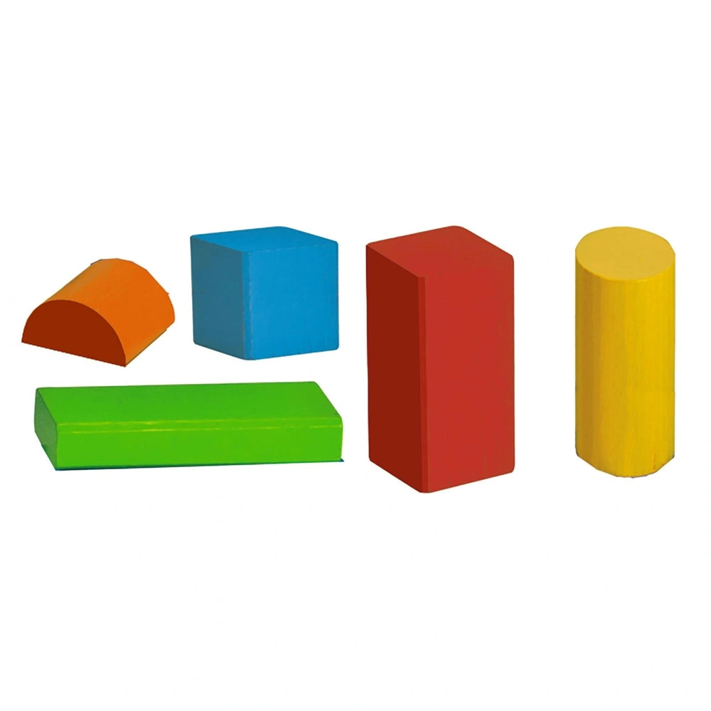 Eichhorn coloured wooden blocks set featuring a blue cube, orange cube, green rectangle, and yellow cylinder with matte finis