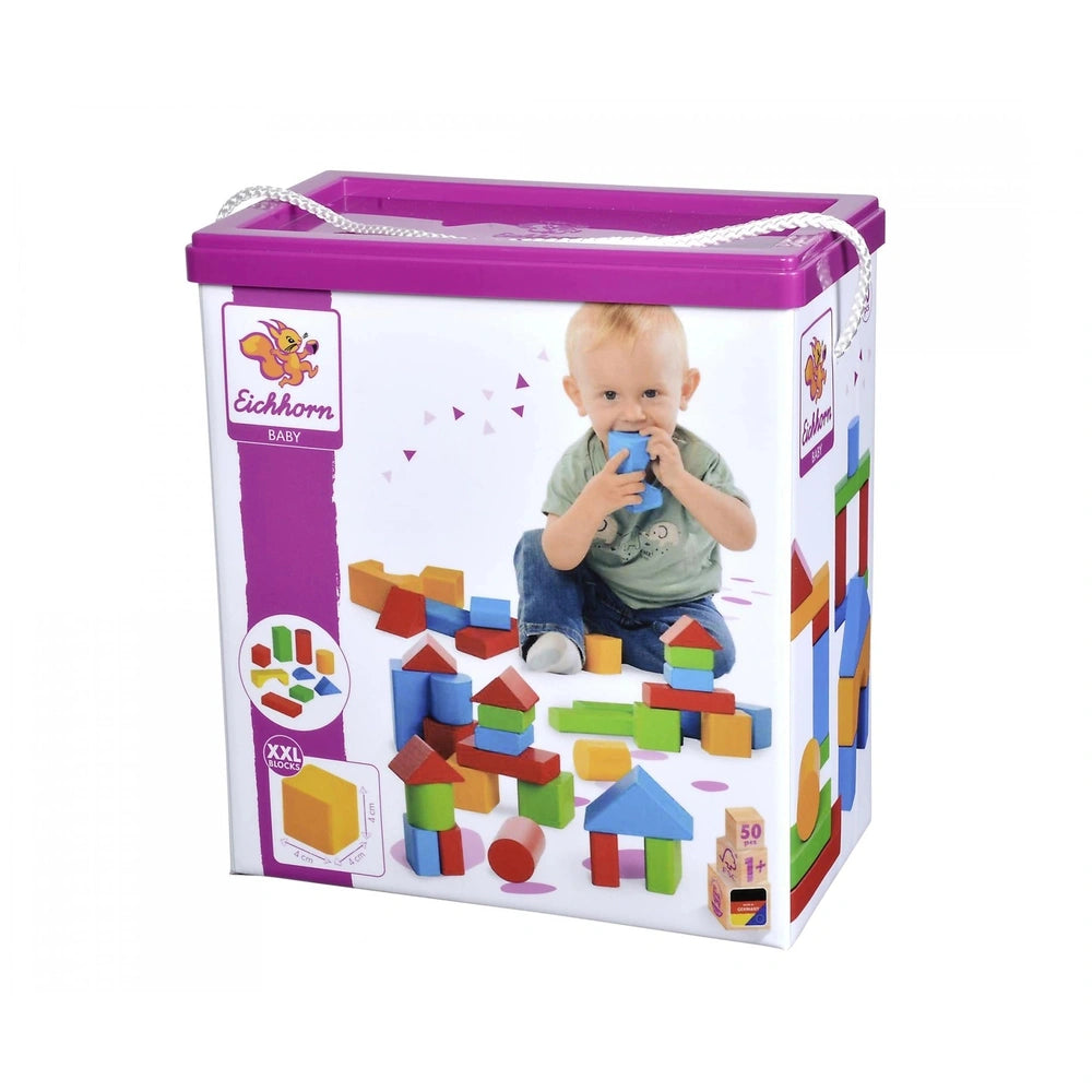 Eichhorn coloured wooden blocks packaging features a child's face holding a blue toy, with graphics of toys and labels.