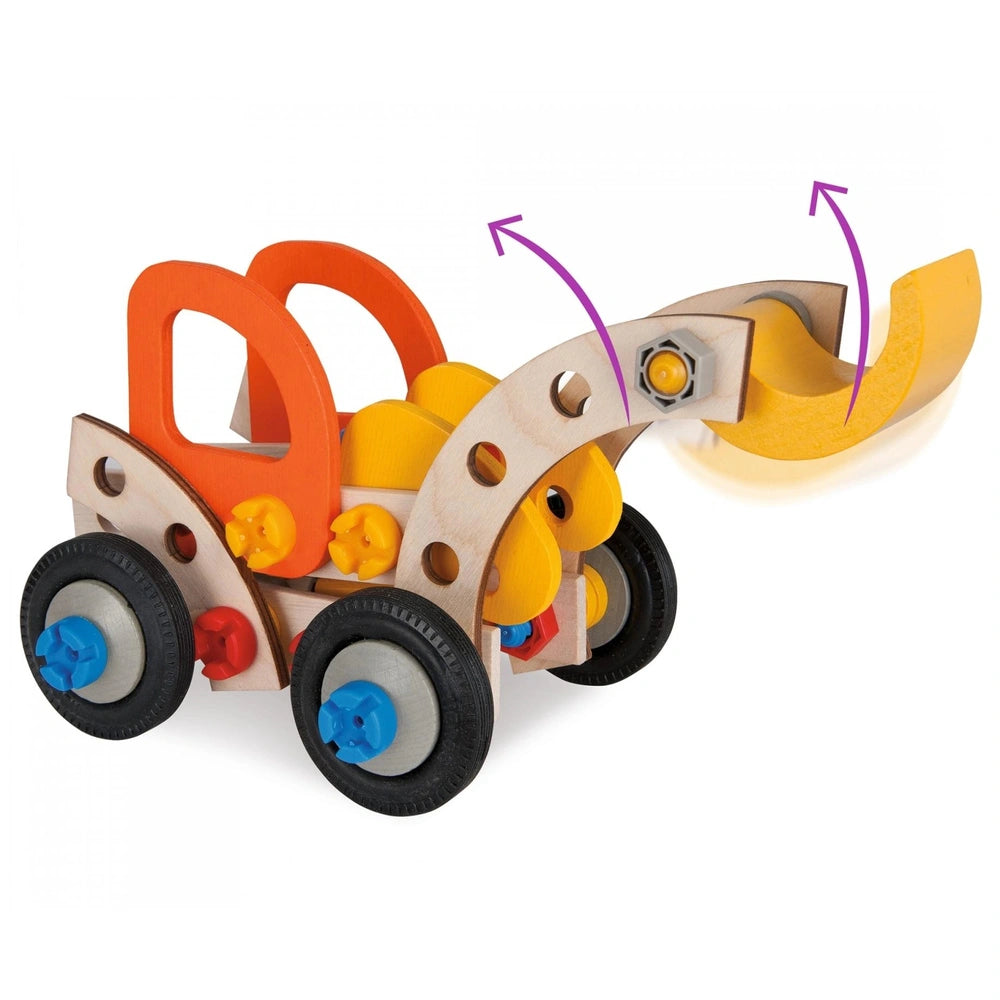 Eichhorn Constructor 3in1 construction set features a vibrant orange wooden toy with black wheels and yellow accents.