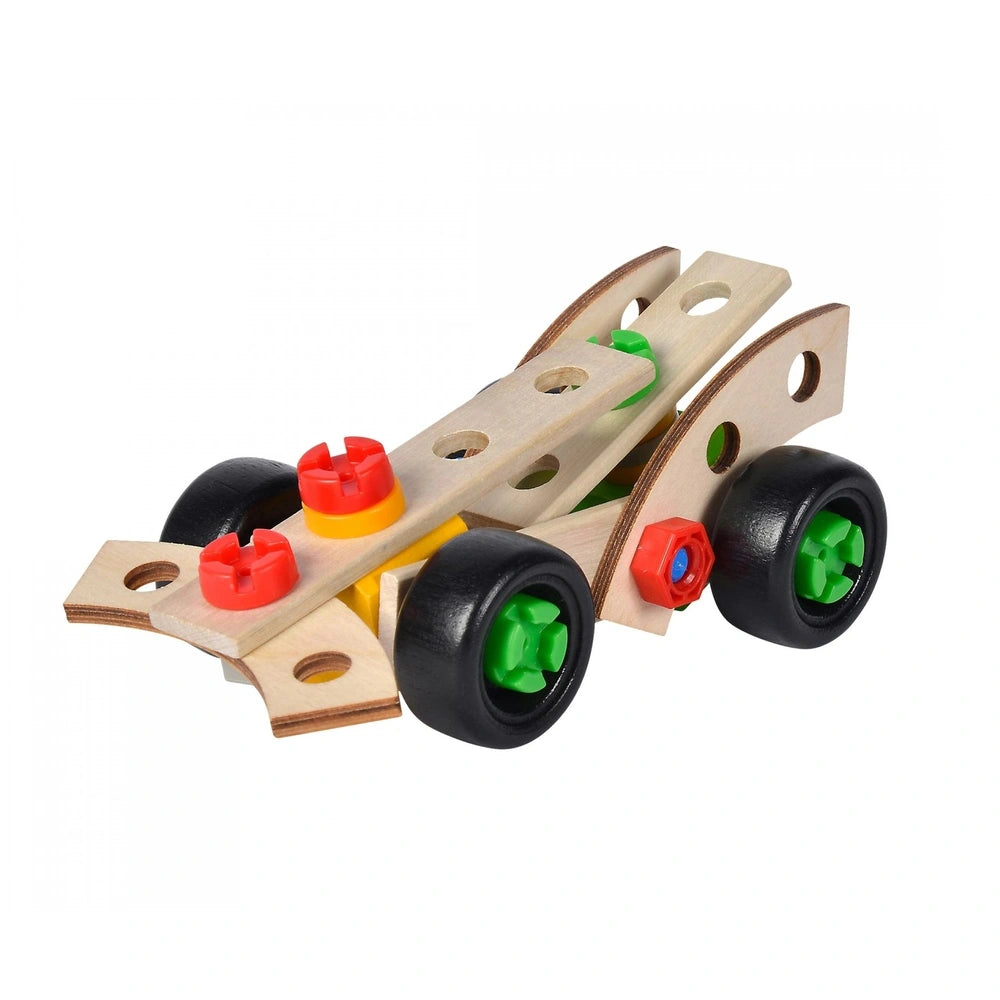 Wooden toy car with a yellow base, brown top, and black wheels featuring green and red accents, ready for play.