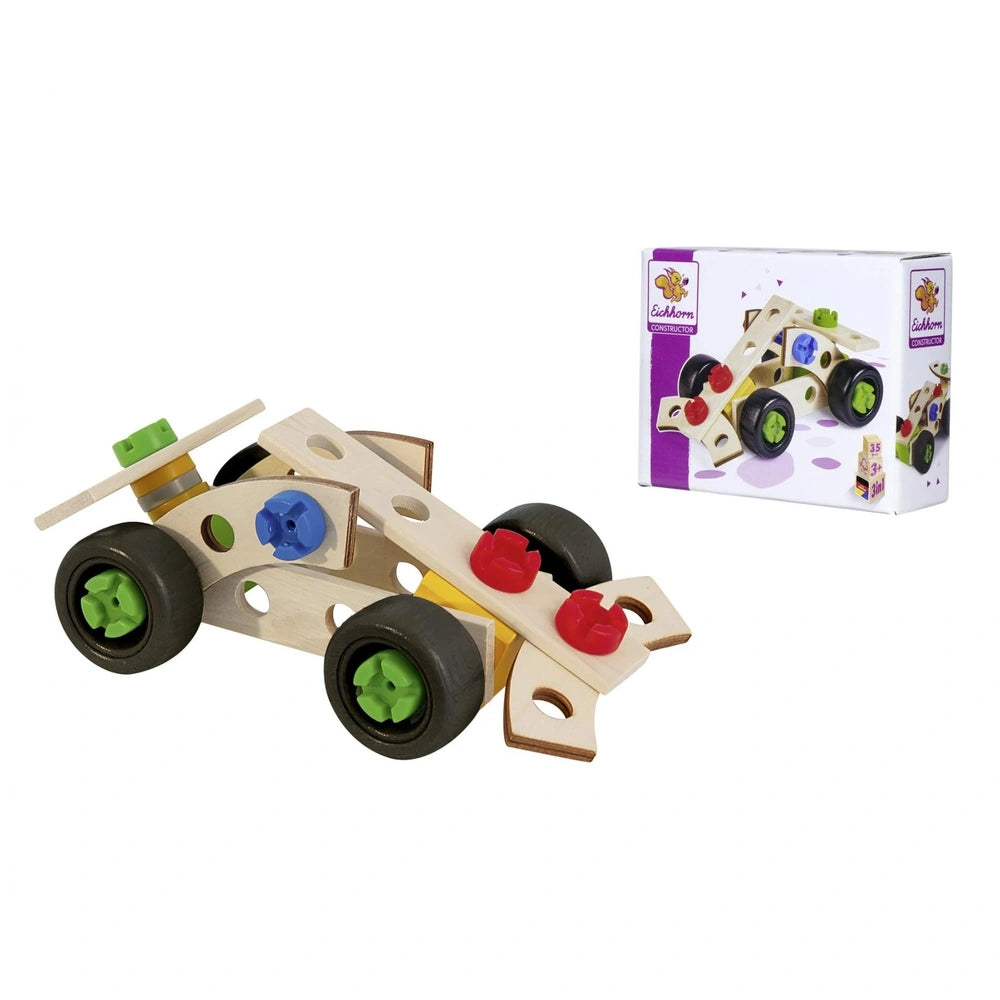 Wooden toy car with black and green wheels, featuring a natural finish, positioned on a white background.