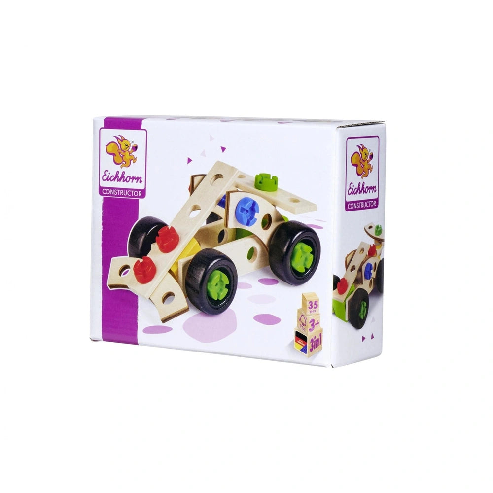 Eichhorn Constructor 3in1 Race Car construction set in white and purple packaging, featuring a toy car with various assembly 