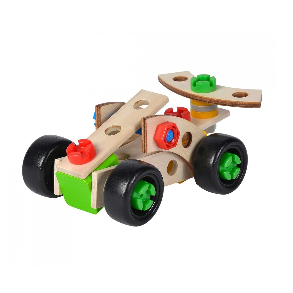 Eichhorn 3in1 Race Car construction set features a wooden toy car with black wheels, green accents, and a simple block design