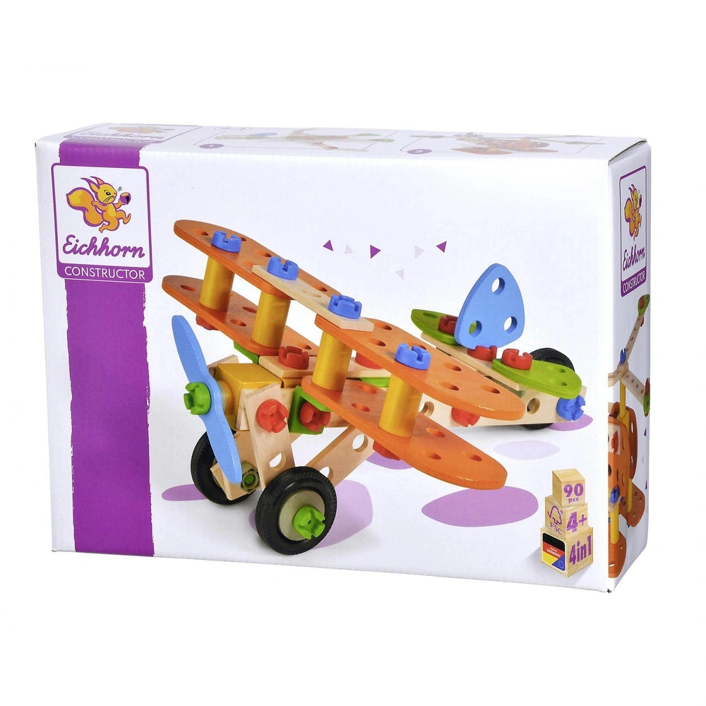 Eichhorn Constructor airplane set features a wooden design with blue and green accents, displayed in a box with a purple stri
