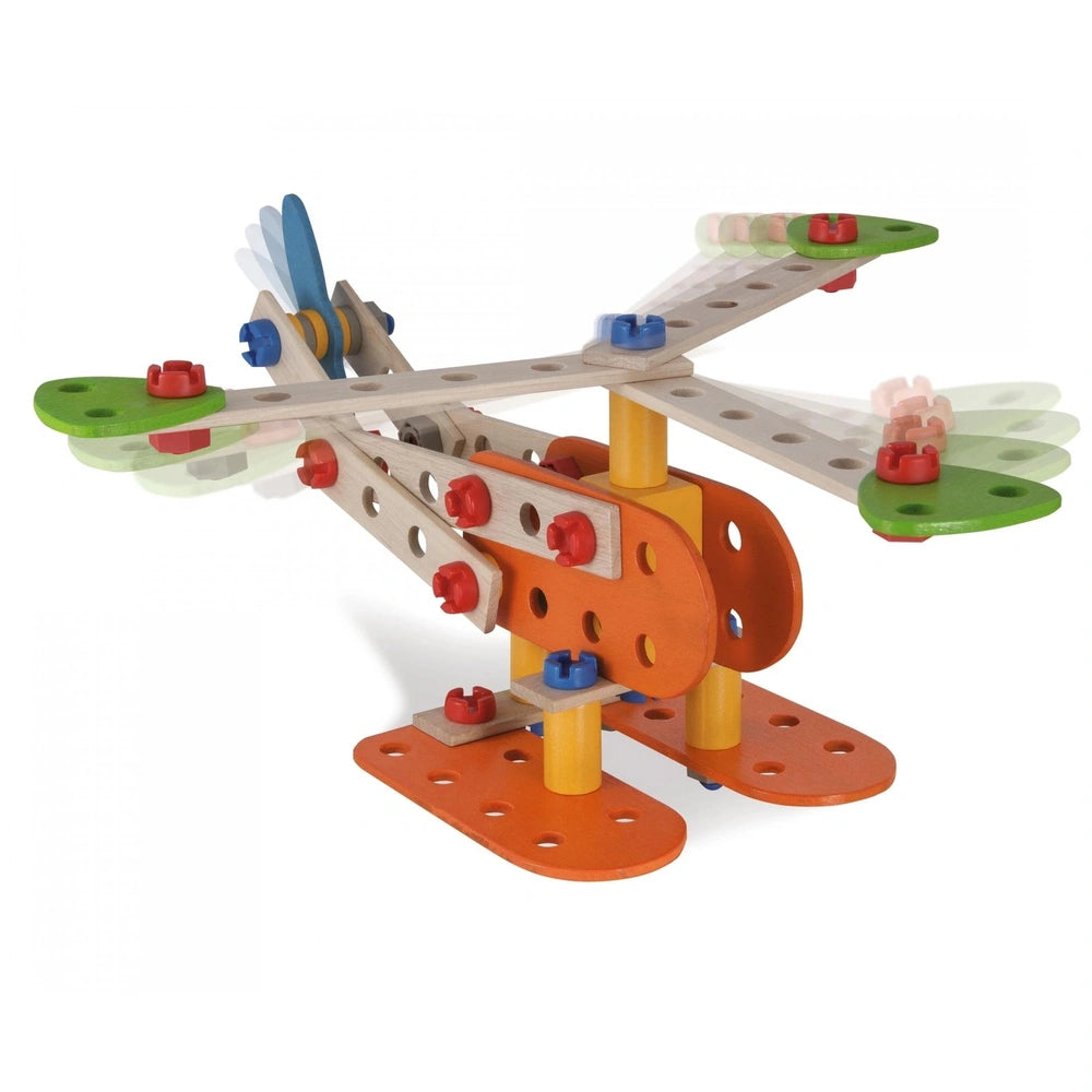 Eichhorn Constructor 4 in 1 is a vibrant wooden construction set featuring orange, green, blue, and red parts for interactive