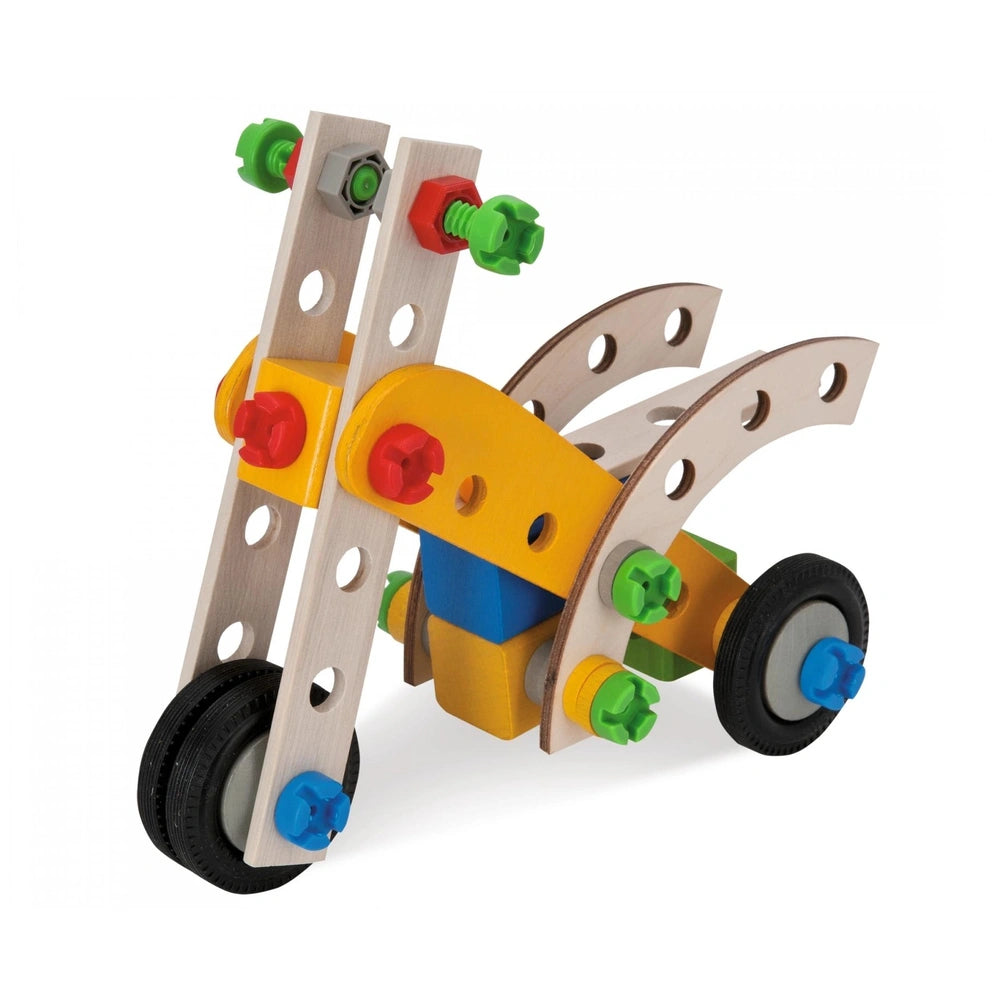 Eichhorn Constructor 4in1 construction set with red, green, yellow, and blue components, featuring wheels, axle, frame, and c