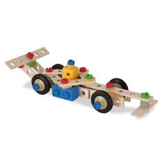 Eichhorn Constructor 5 in 1 construction set features a wooden frame, colorful plastic pieces, and black wheels for building.