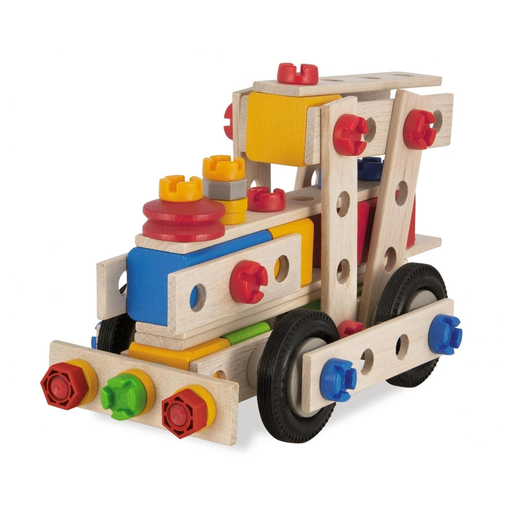 Eichhorn Constructor 5 in 1 construction set features wooden planks, colorful plastic connectors, and wheels for versatile bu