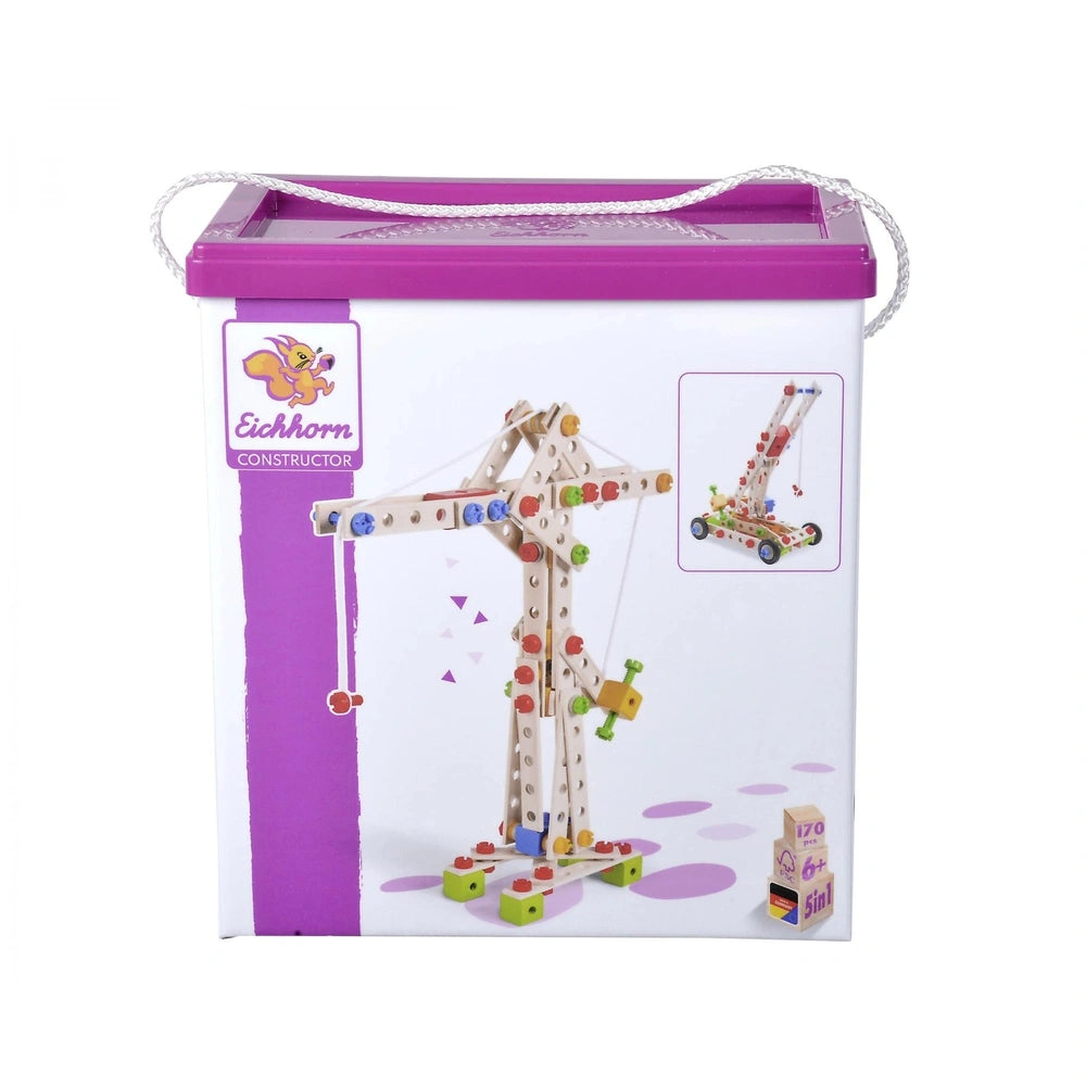 Eichhorn Constructor 5 in 1 construction set with wooden pieces, crane, truck, and traffic light on purple and white packagin