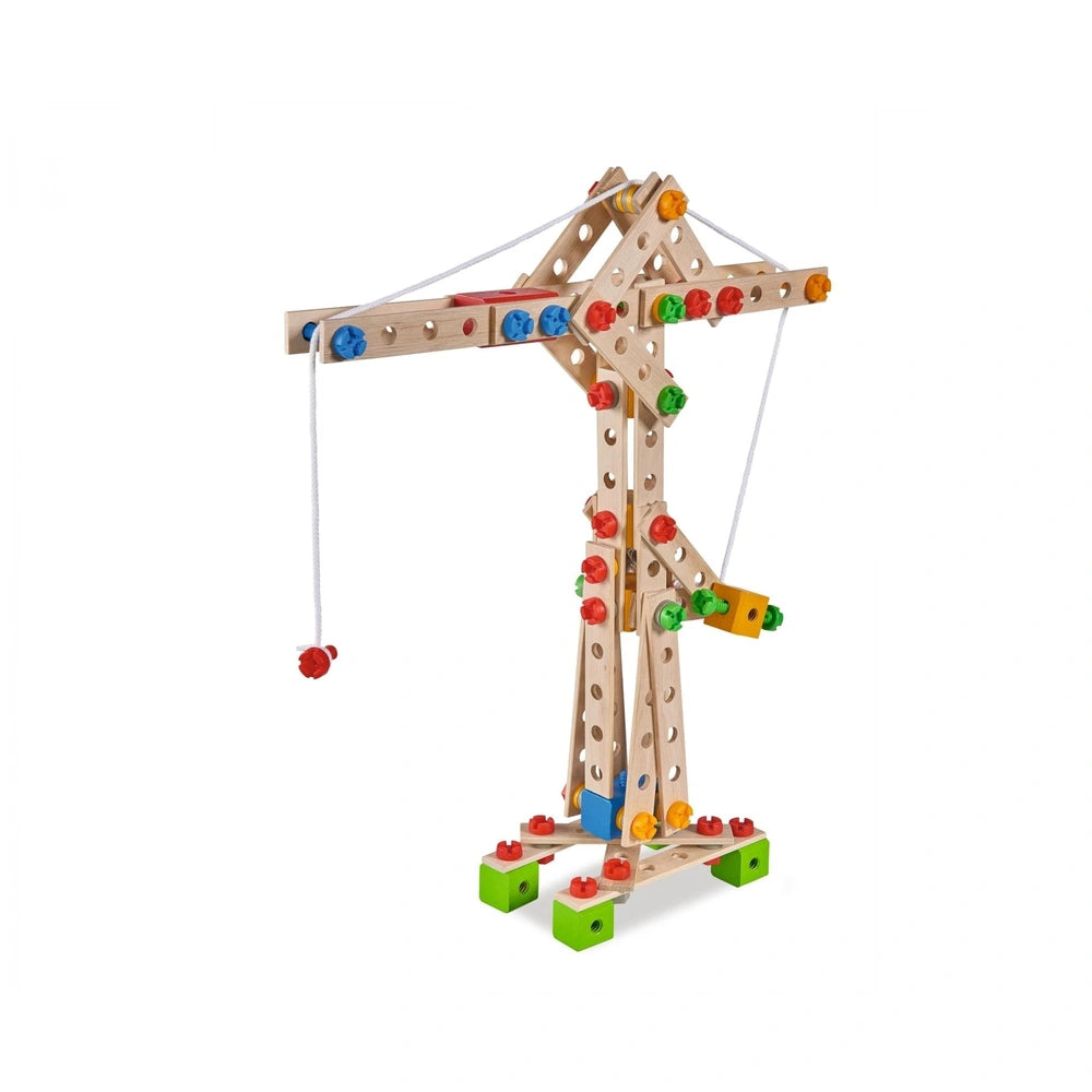 Eichhorn Constructor 5 in 1 construction set features a wooden structure with plastic connectors and rubber stoppers in vario