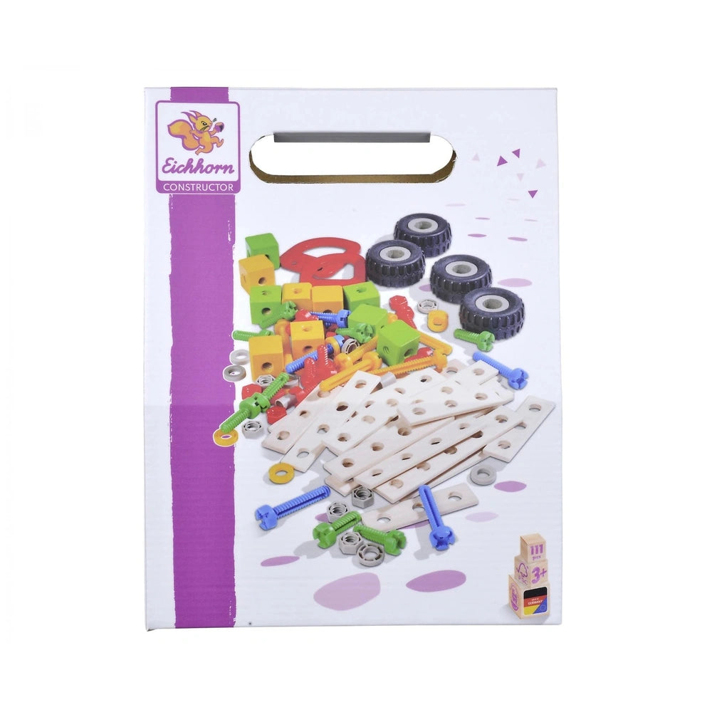 Eichhorn Constructor accessories box featuring colorful construction blocks, gears, and wheels, designed for children's play.