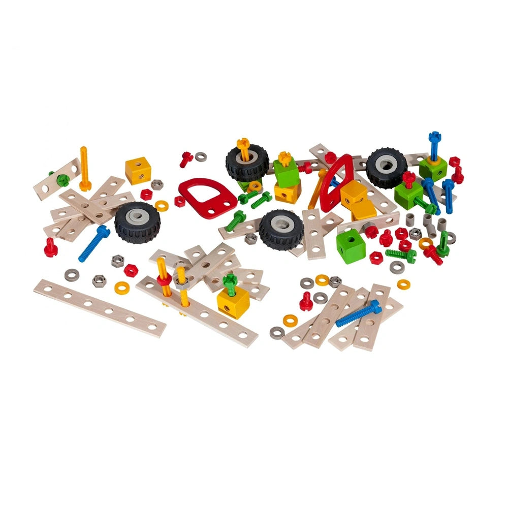 Eichhorn construction set features 111 colorful plastic components including wheels, gears, and connectors for creative build