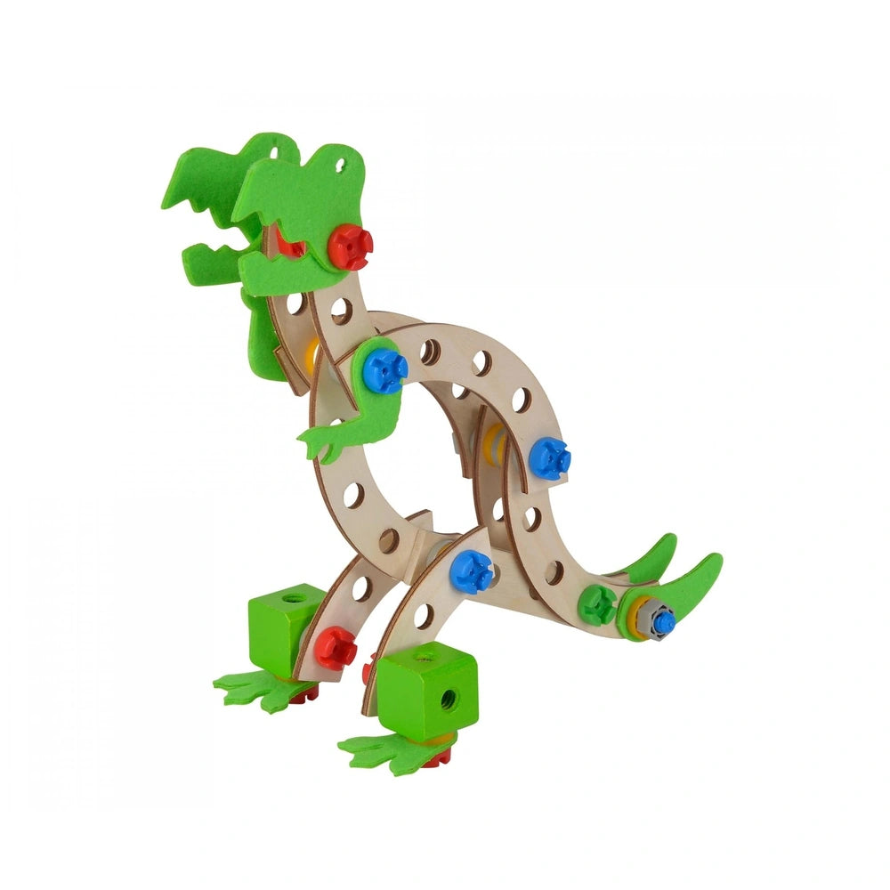 Eichhorn Constructor Dinosaur is a green, looped toy with appendages, featuring red and blue accents for assembly and decorat