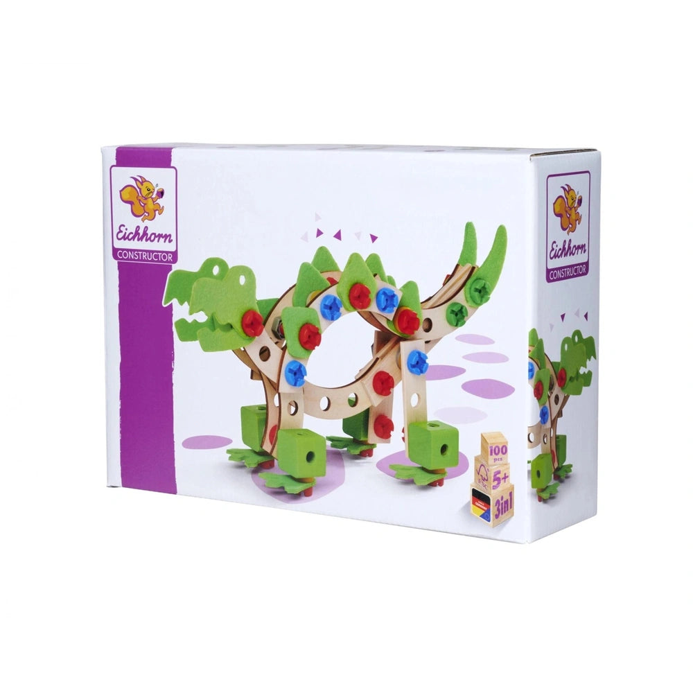 Eichhorn Constructor Dinosaur construction set box features a vibrant illustration of a smiling dinosaur in a whimsical envir