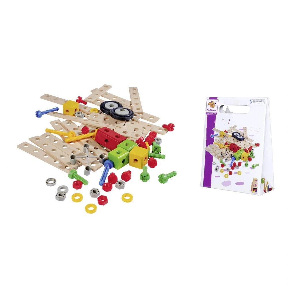 Eichhorn Constructor Expansion Set features a wooden base with colorful plastic wheels, gears, and connectors for creative pl
