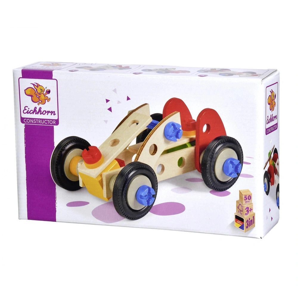 Eichhorn Constructor Racer Car construction set in cardboard packaging featuring a yellow car with blue bumper and red wheels