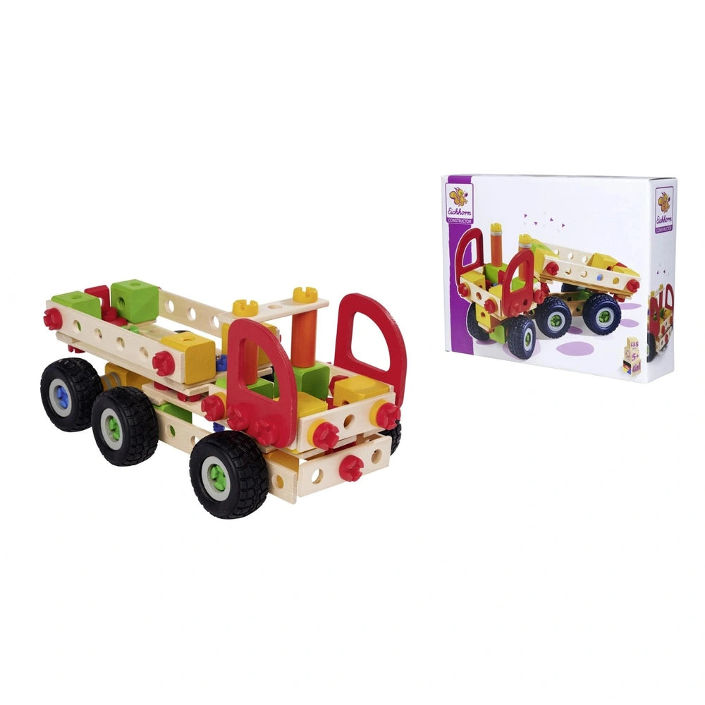 Eichhorn Constructor Truck toy features a red cab, yellow bed, and black wheels, packaged in white cardboard.