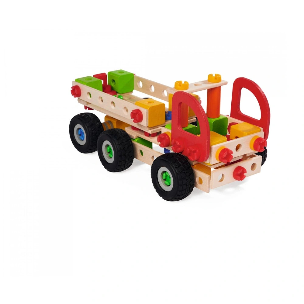 Eichhorn Constructor Truck construction set features 135 pieces, including wooden planks, plastic connectors, and rubber tire