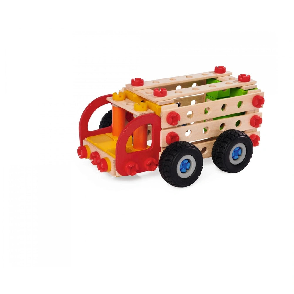Eichhorn Constructor Truck features red and yellow plastic, wooden planks, and black rubber tires in a center layout.