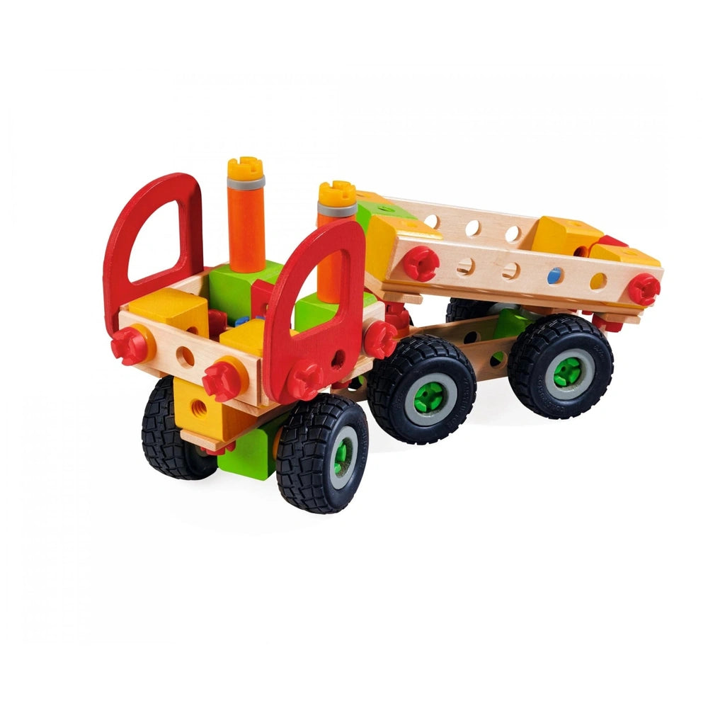 Eichhorn Constructor Truck features a wooden bed, colorful plastic wheels, and connectors in orange, yellow, green, and red.