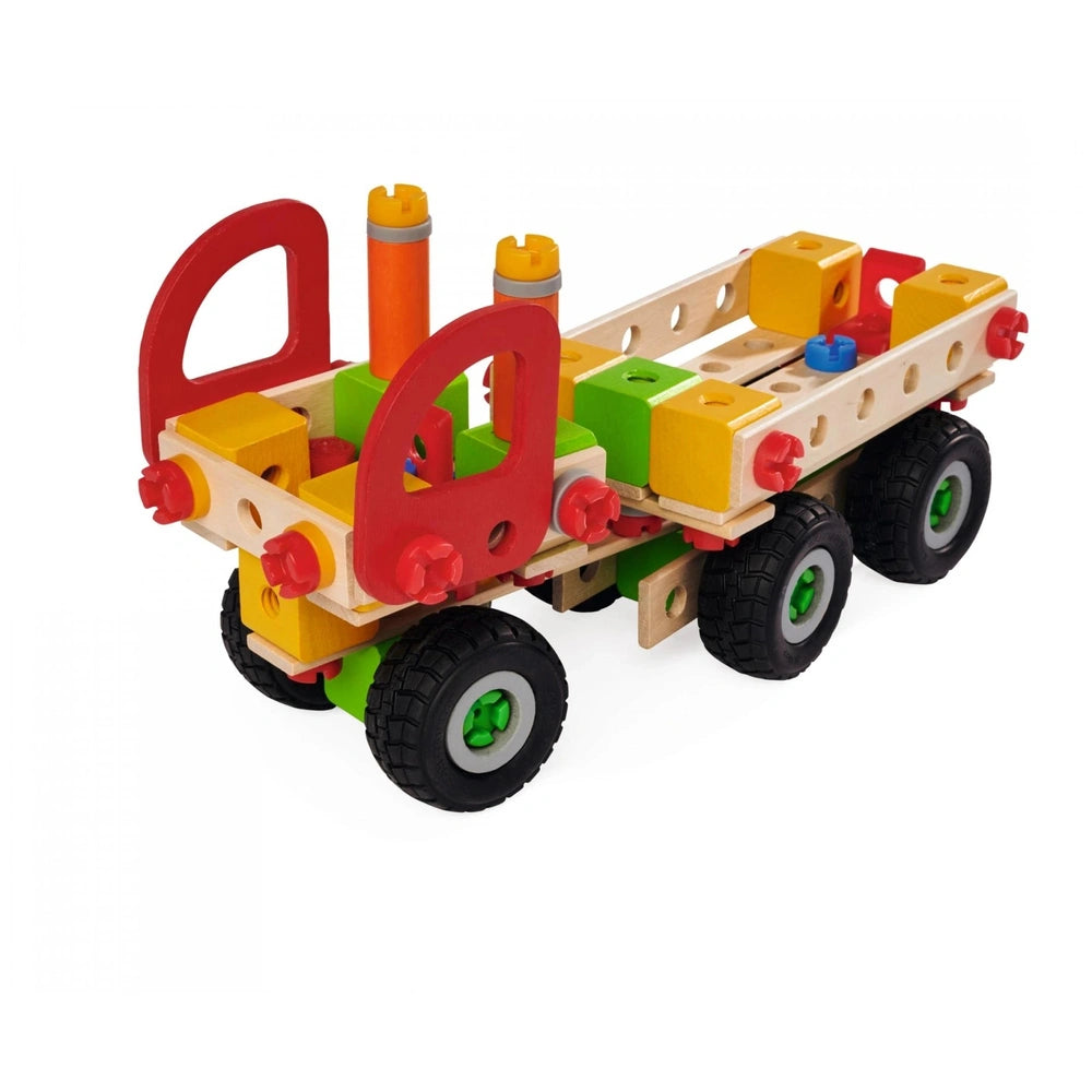 Eichhorn Constructor Truck features a wooden bed, red and yellow plastic parts, black wheels, and a green axle.