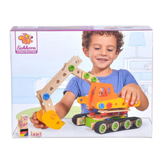 Eichhorn Constructor Work Vehicles construction set featuring a young boy with a blue shirt and brown hair on the packaging.