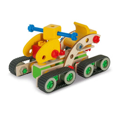 Eichhorn Constructor Work Vehicles set features a wooden base and colorful plastic components for creative construction play.