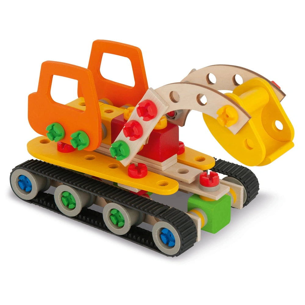 Eichhorn Constructor Work Vehicles 4 in 1 construction set features orange plastic with red, green, blue, and gray accents.