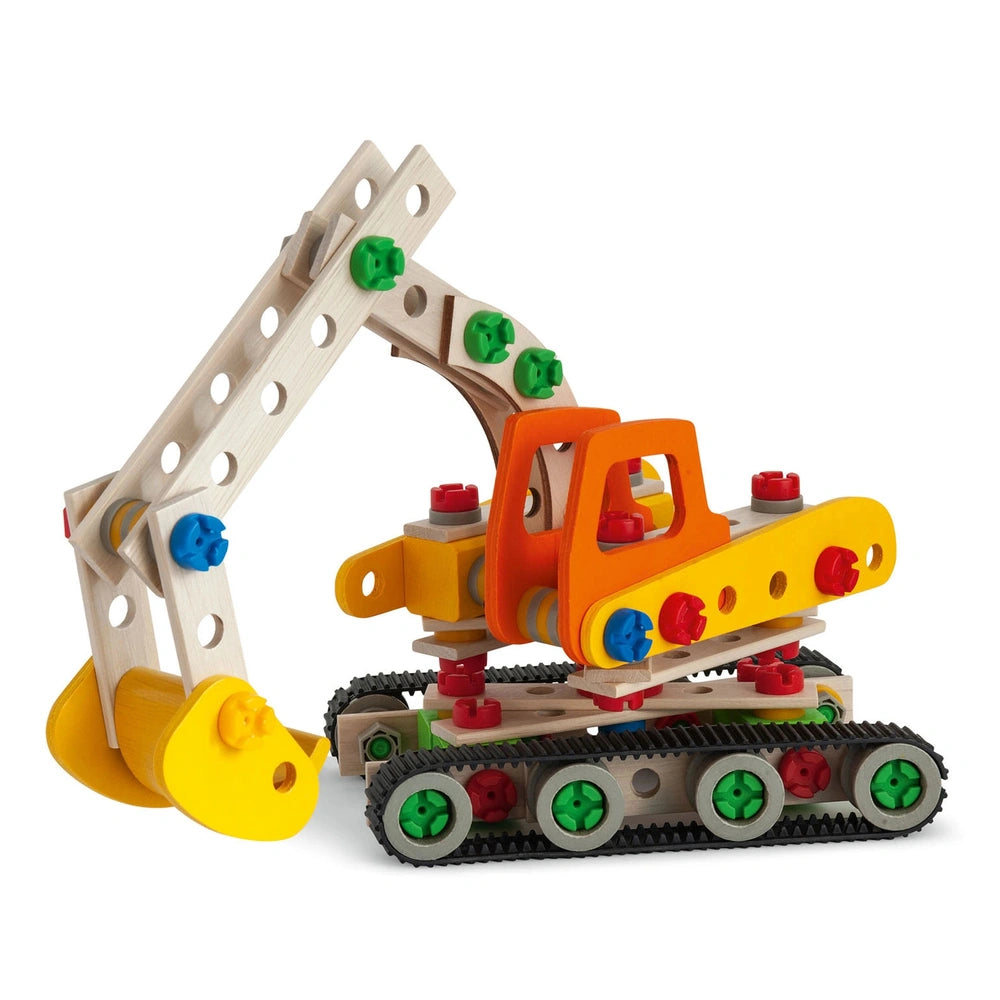 Eichhorn Constructor Work Vehicles 4 in 1 set features a wooden body with green and red plastic connectors, wheels, and a yel