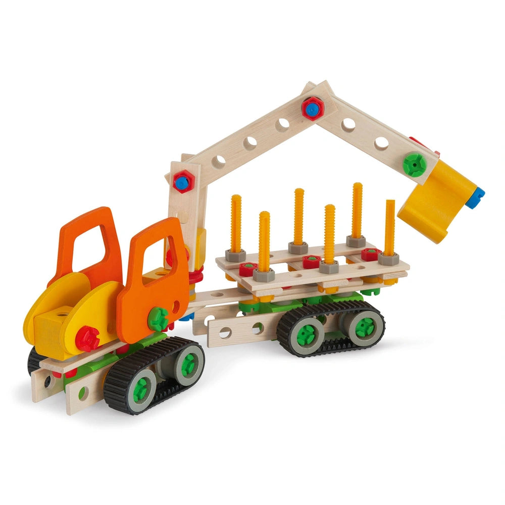 Eichhorn Constructor Work Vehicles set features colorful wooden and plastic components with green wheels, ideal for imaginati