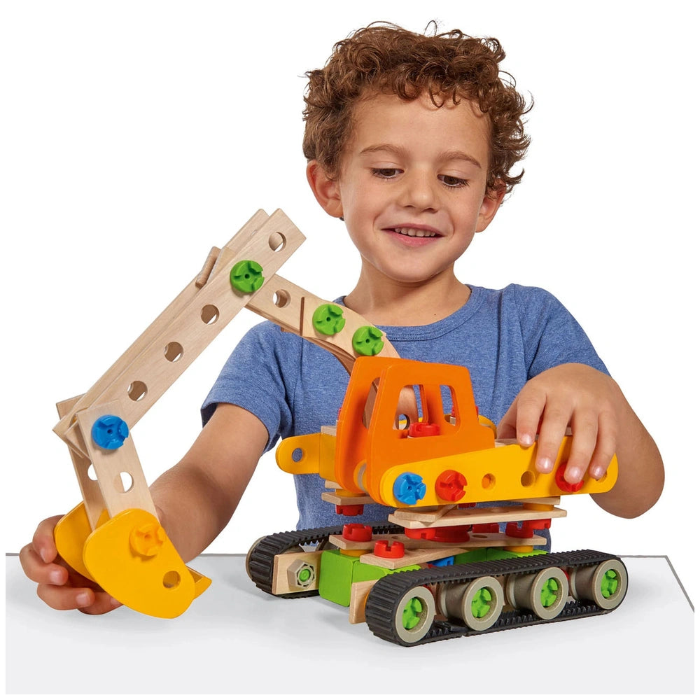 Eichhorn Constructor Work Vehicles construction set features wooden and plastic toys with wheels and a crane arm in vibrant c