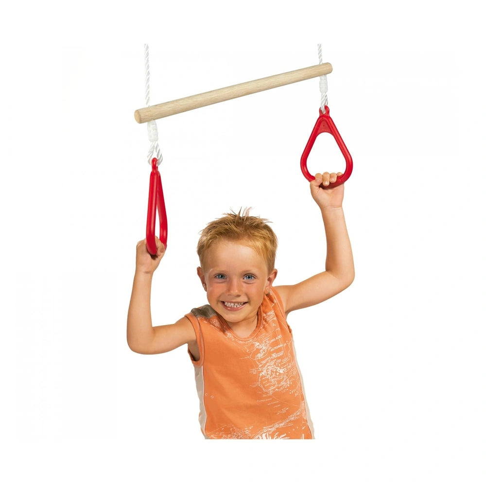 Eichhorn Outdoor Gymnastics Rings showcased with a smiling child gripping a wooden bar, emphasizing play and exercise.