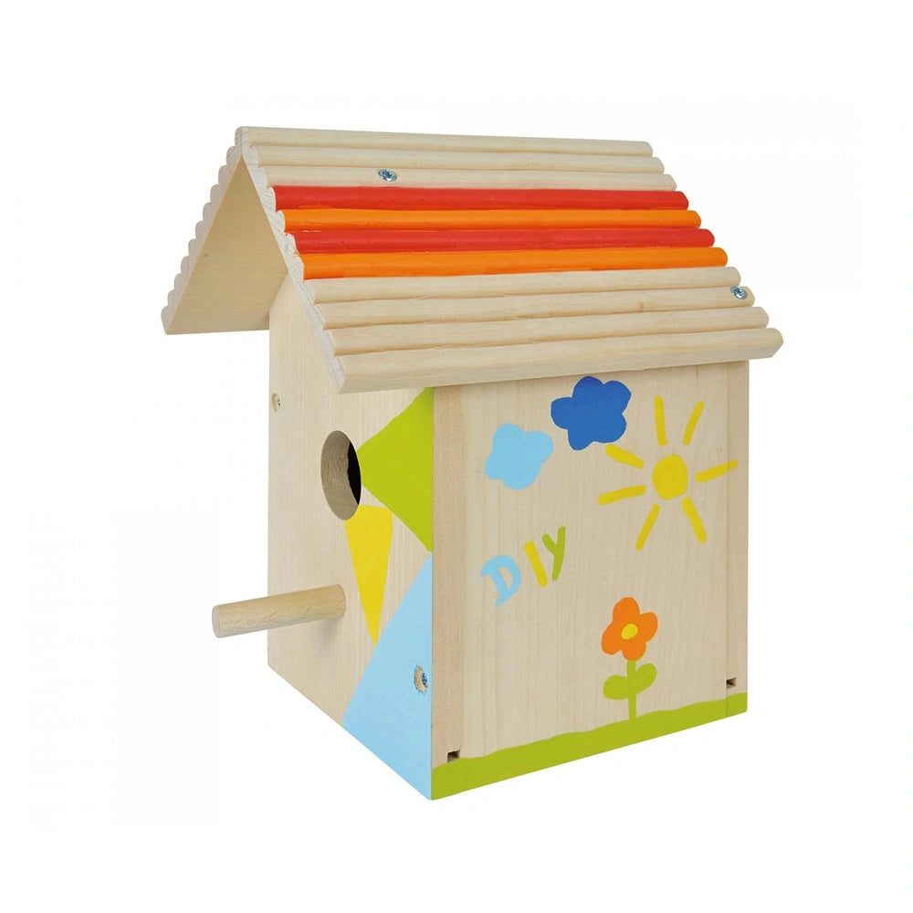 Eichhorn outdoor birdhouse kit in vibrant colors, featuring playful designs and stickers for a fun DIY craft project.