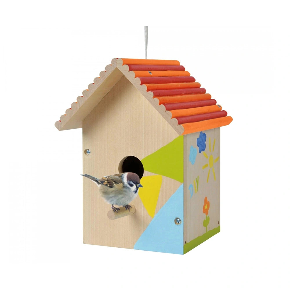 Eichhorn outdoor birdhouse kit with colorful geometric designs, red shingles, and decorative elements like a sun and flowers.