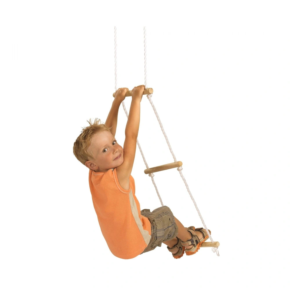 Eichhorn Outdoor Rope Ladder designed for safe outdoor play, showcasing a child enjoying the swing in vibrant colors.